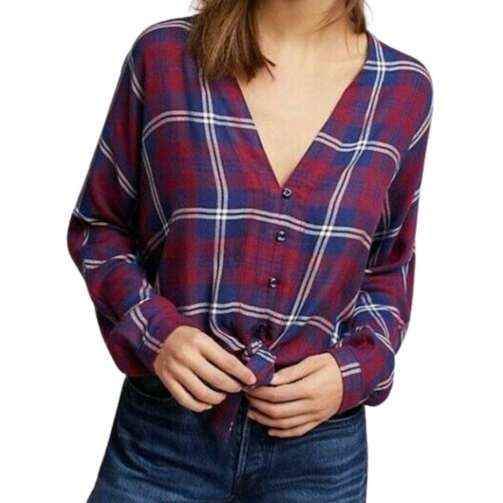 Rails Sloane Tie Front Plaid Blouse Size M